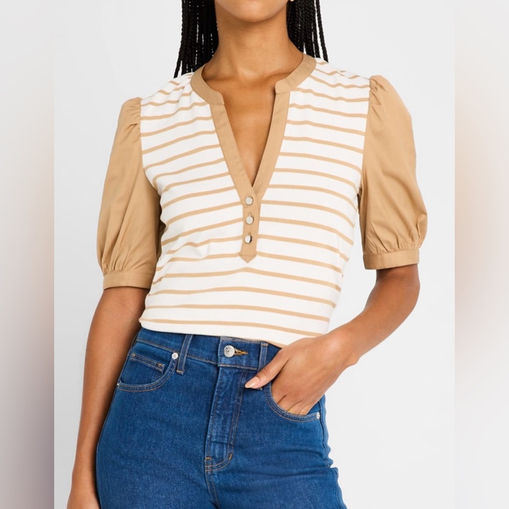 Veronica Beard Beige and White Striped V-Neck Blouse. NWOT.
